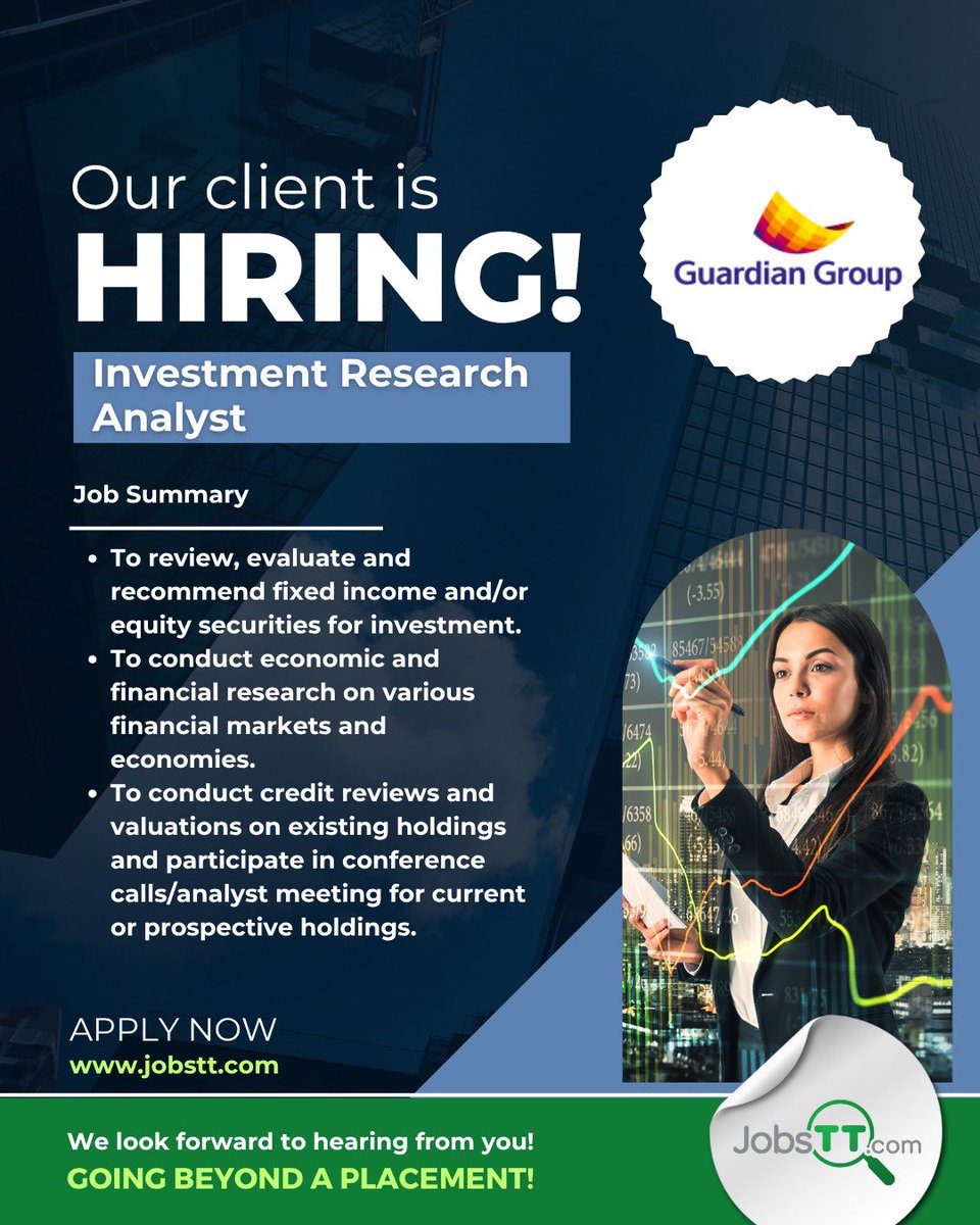 JobsTandT's tweet photo. Guardian Group has 2 vacancies 
Apply via https://t.co/FdmmaZGh0W
▪️Client Acquisition Assistant 
▪️Investment Research Analyst https://t.co/LTqamPAb0u