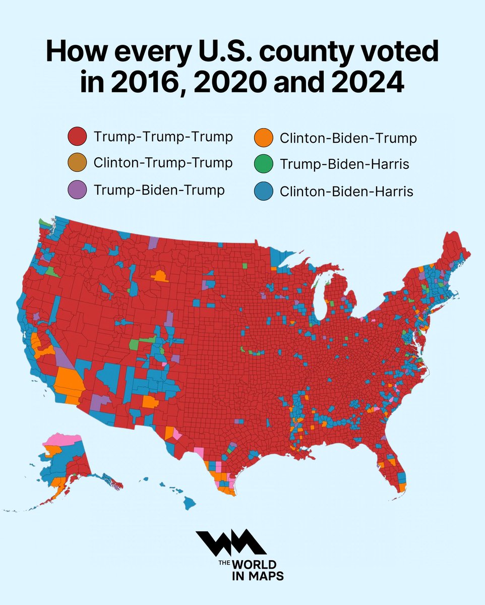xruiztru's tweet image. A lot can happen in three elections. Here’s how America’s counties voted each time.