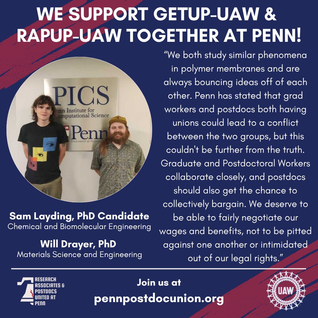 RAPUP_UAW's tweet image. We work side by side with our graduate colleagues, and we know that through unionizing we can improve the conditions of ALL academic workers! Check out more dual testimonials with our union siblings in @GETUPgrads