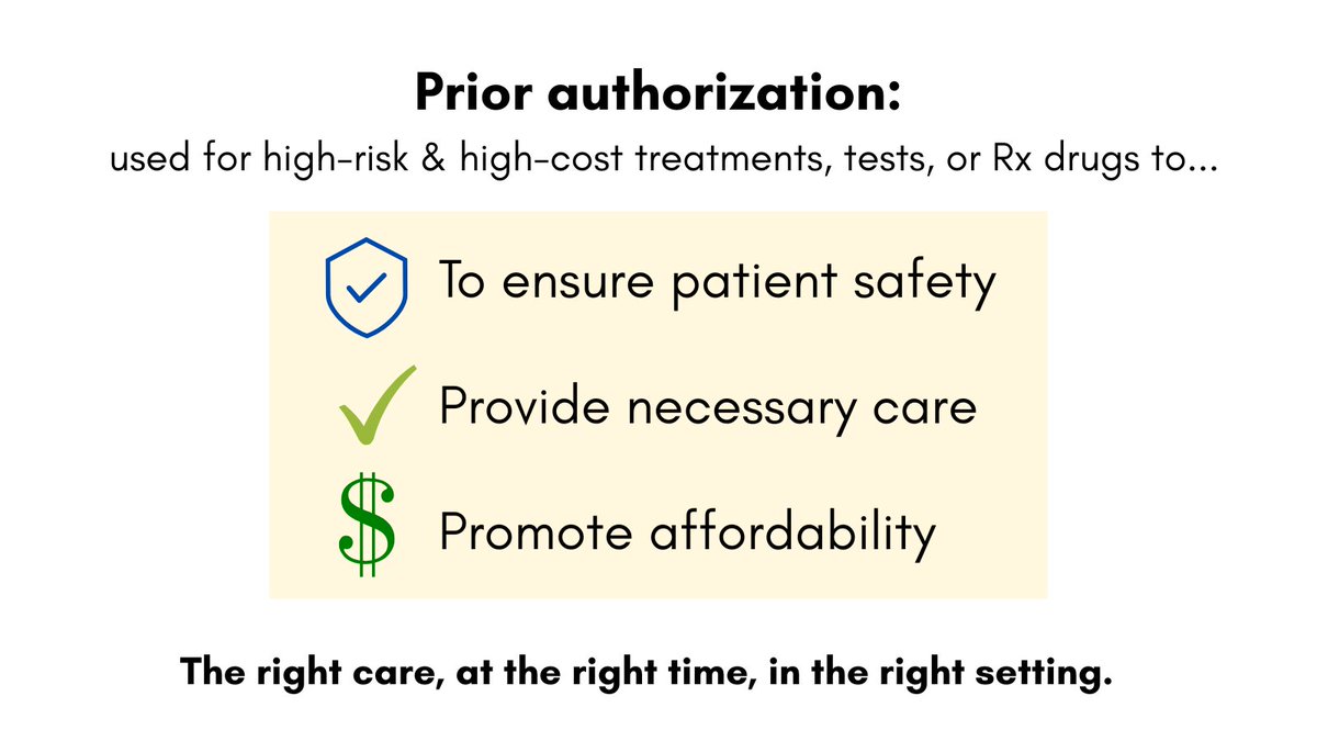 The right care, at the right time, in the right setting: Health plans’ prior authorization processes are used on a limited set of services, mostly for high-risk &amp; high-cost treatments, tests or Rx drugs, to ensure patient safety, avoid unnecessary care &amp; promote affordability.