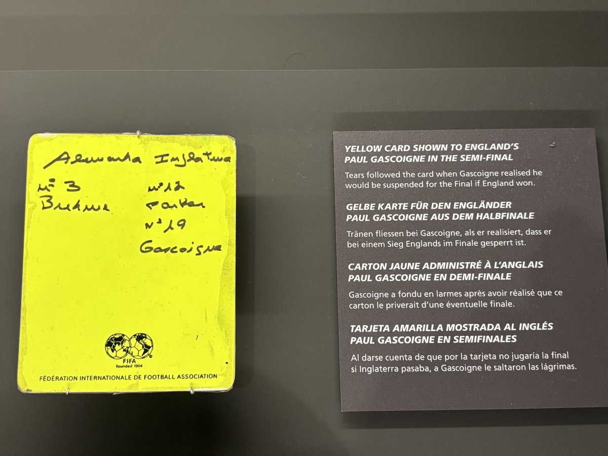 A visit to the FIFA museum today, where two items particularly stood out:
- One, the Worldcup [©️Sven]
- And two, the actual yellow card that made Gazza cry.