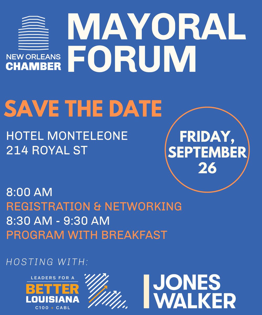 Join us for a forum featuring the top mayoral candidates based on recent polling as they present their platforms and key priorities for the New Orleans

✅ Registration is now open: neworleanschamber.org/events/details…