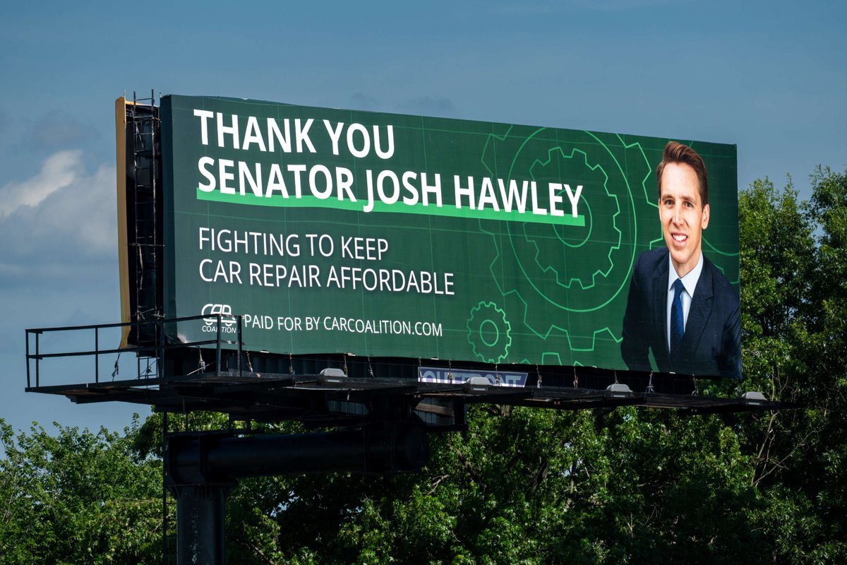 TheCARCoalition's tweet image. Thank you @SenHawleyPress for being a #RightToRepair champion!
We’re proud to show our appreciation with a pair of billboards on I-44 in Missouri. Check them out here ➡️