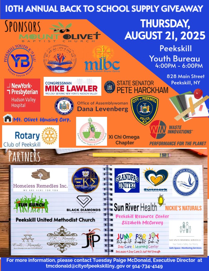 CityOfPeekskill's tweet image. Mark your calendars and save the date for the City of Peekskill Youth Bureau 10th Annual Back to School Supply Giveaway on Thursday, August 21st, from 4:00 pm - 6:00 pm at the Youth Bureau.