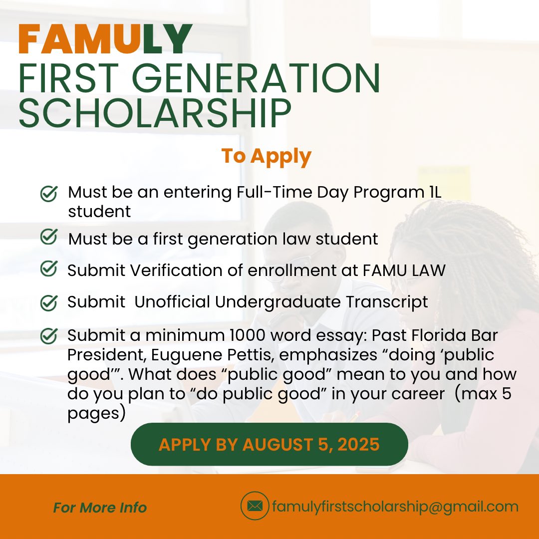OtheEsquire's tweet photo. Do you know someone starting FAMU Law this fall? Have them apply to our scholarship!

Since starting in 2020, we have given away $15,000 to 10 recipients. 4 have already passed the bar and gone on to become attorneys. 2 are sitting for the bar in 2 weeks.

https://t.co/wzvtH5aEi5 https://t.co/RjSgqyWM8d