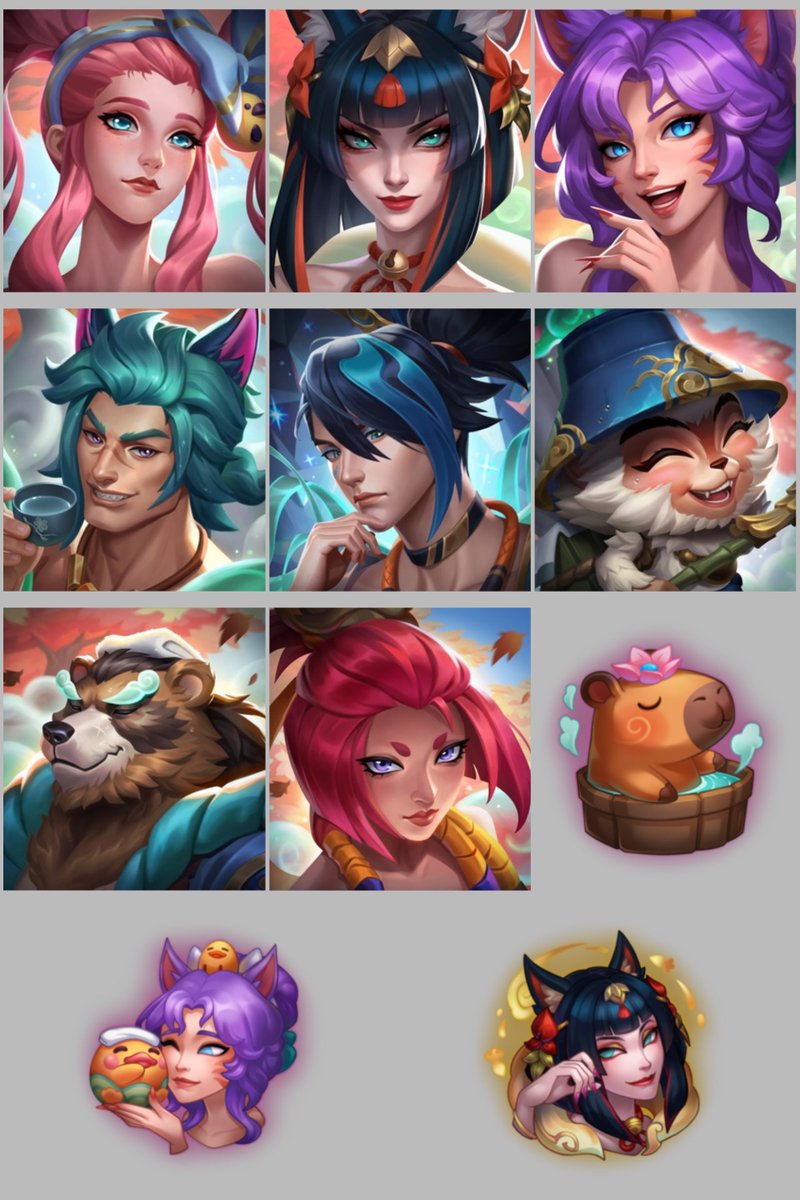 NewAzkaryan's tweet image. Termas do Florescer | Cosméticos 🪷
- Ícones* para Sona, Ahri (Variante Mítica), Ahri, Sett, Aphelios, Teemo, Volibear e Yunara
*Disponíveis apenas por Rp
Emotes
- Ahri Termas do Florescer: disponível no Pacote da Skin
- Ahri Termas Noturnas: disponível no Santuário