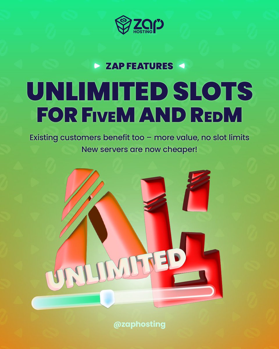 zaphosting's tweet photo. Unlimited slots now available for FiveM and RedM game servers! ⚡

Servers are now billed based on RAM only, making them more affordable and flexible than ever. This change automatically applies to existing customers as well, boosting the value of every hosted server.

✔️ Existing servers are automatically upgraded
✔️ No more slot limits
✔️ Define your slots freely under "Settings"

Experience more freedom, better pricing, and greater value 😎
