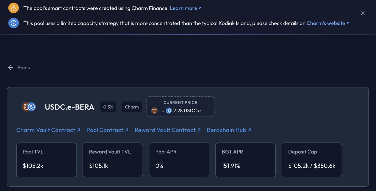 KodiakFi's tweet photo. The $USDC <> $BERA Charm Island is now live on Kodiak and earning BGT! 🌴

Charm Islands dynamically optimize LP positions for yield and efficiency.

Deposits are capped to maximize performance 👀

Dive in:
https://t.co/s87MuuvLS8 https://t.co/hj4LwtJ6xA