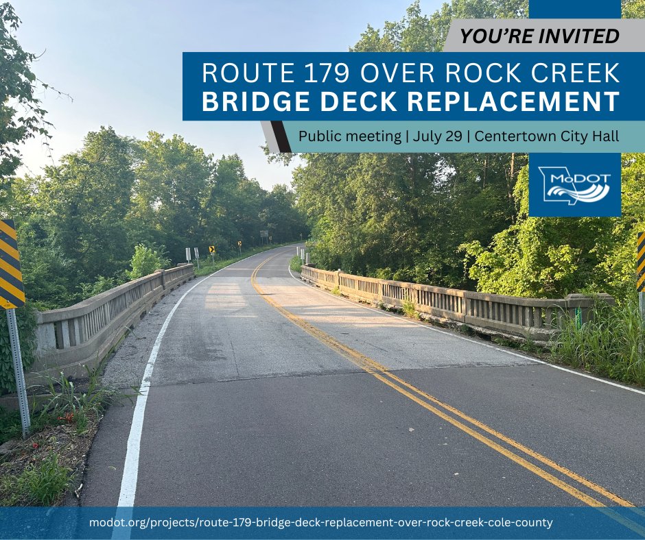 MoDOT_Central's tweet image. Your input is needed on plans to rehabilitate the Route 179 bridge over Rock Creek.
Join us for an open-house-style public meeting (no formal presentation):
🕟 July 29 from 4:30 to 6 p.m.
📍Centertown City Hall, 1227 Broadway.
More info: modot.org/node/72310