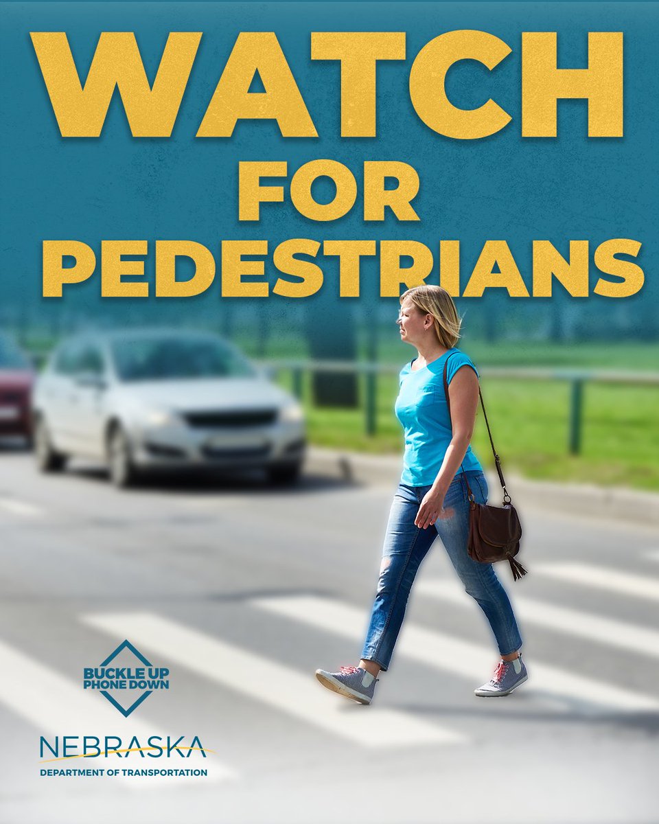 NebraskaDOT's tweet image. Watch for pedestrians!
Remember to slow down and stay alert at crosswalks.
