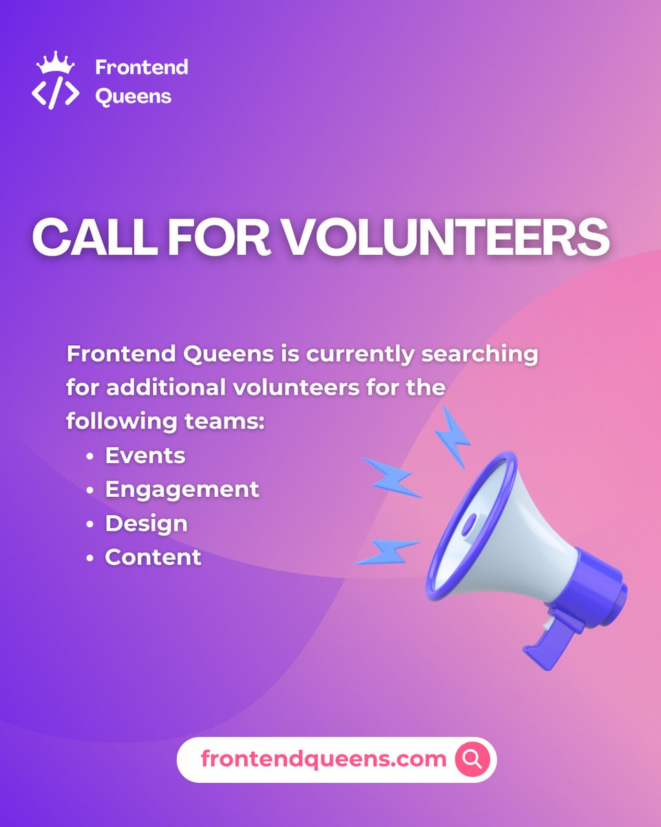 🎉 Frontend Queens is looking for volunteers! 👑

Join our Content, Design, Engagement, or  Events teams and be part of the movement! 💻💬🎨

Curious or ready to dive in? We’d love to hear from you!

💜 Sign up: frontendqueens.com