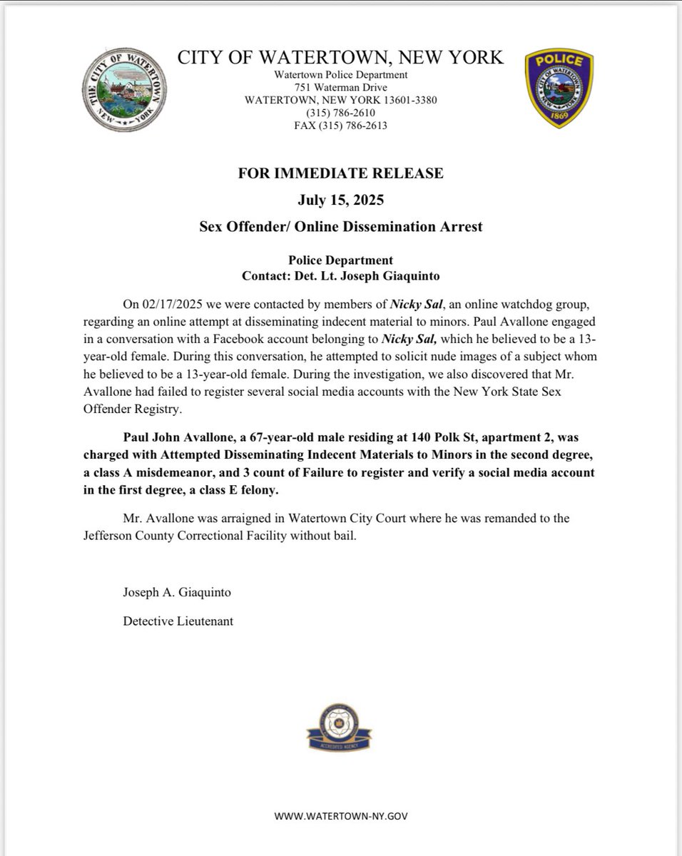 AlexBGault's tweet image. Interesting tidbit out of Watertown: a local man whose name I recognize from other blotter items is back in custody after being caught by one of those online pedo hunters - a Facebook page called “Nicky Sal,” who has done this in other parts of upstate before.