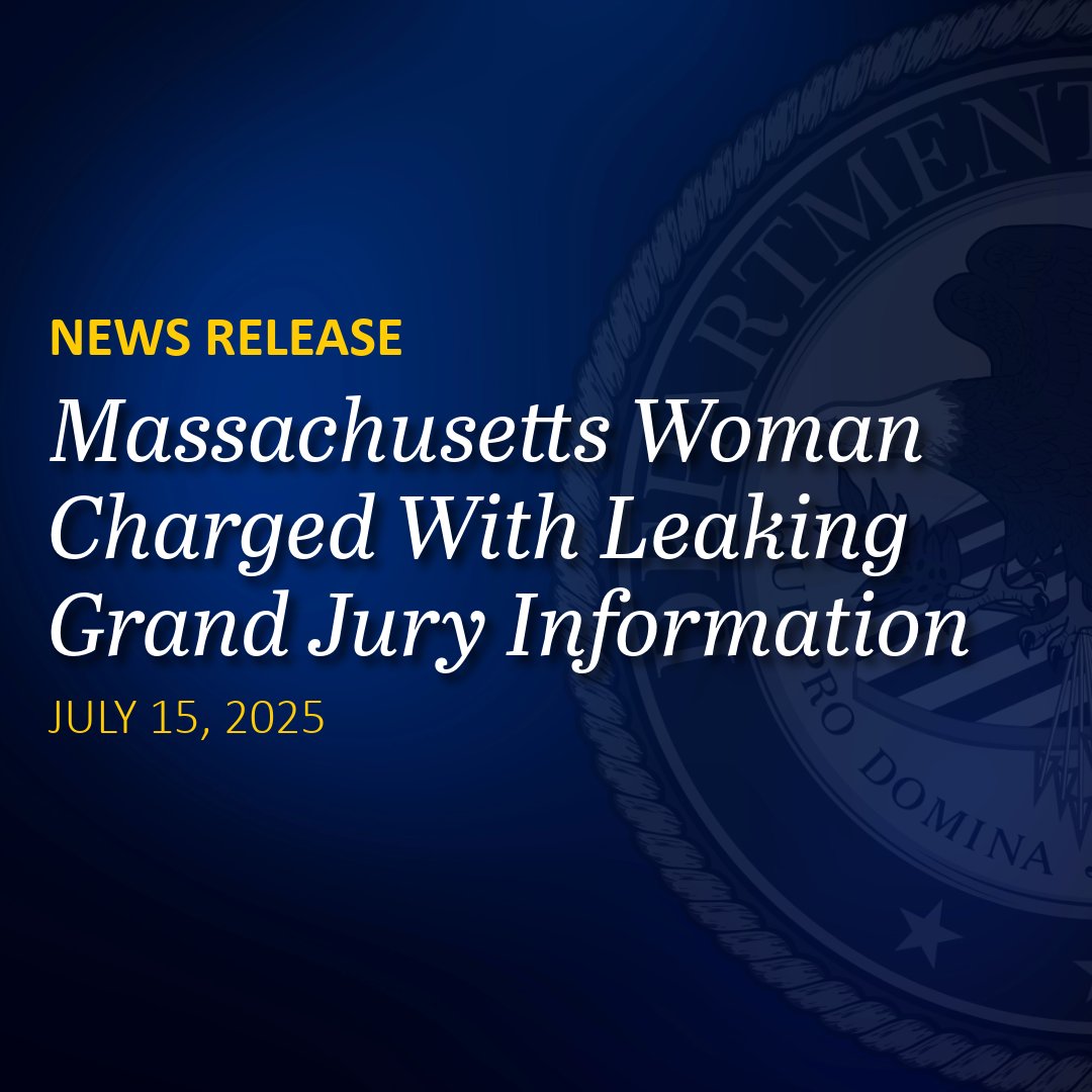 FBIBoston's tweet image. 🚨Following an FBI Boston investigation, Jessica Leslie, of Dracut, MA, has been charged and has agreed to plead guilty to leaking grand jury information to unauthorized individuals. justice.gov/usao-ma/pr/mas…