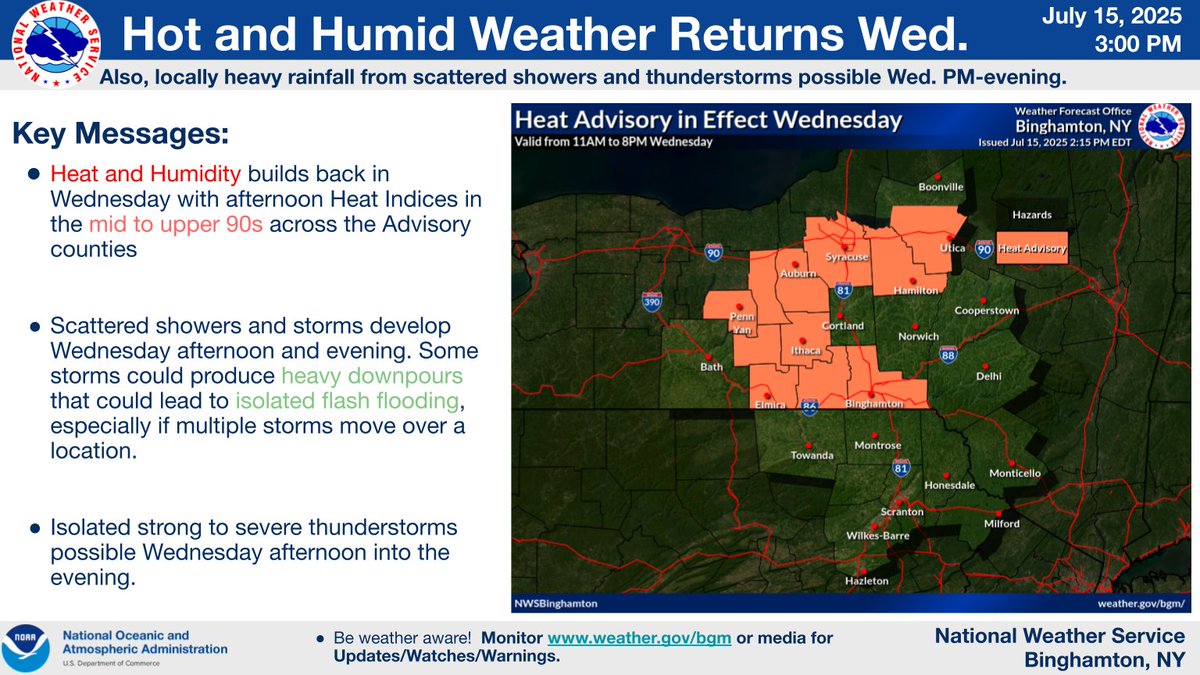 NWSBinghamton's tweet image. Heat will build back into the region tomorrow/Wednesday. Heat Advisories have been issued for some counties in Central NY, but very warm and humid conditions are also expected outside of the advisory areas. #NYwx #PAwx
