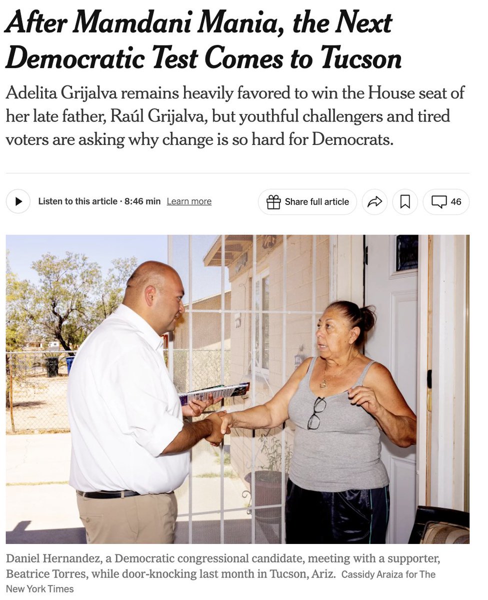 Kellen_Browning's tweet photo. It's primary day in Tucson, Arizona, where #AZ7 voters will choose a new representative after Raúl Grijalva died in March.

The race is a proxy battle for what the Democratic Party should embrace: old or young, new faces or establishment, liberal or progressive.

@jackhealyNYT: https://t.co/7Xmwuhq9JZ
