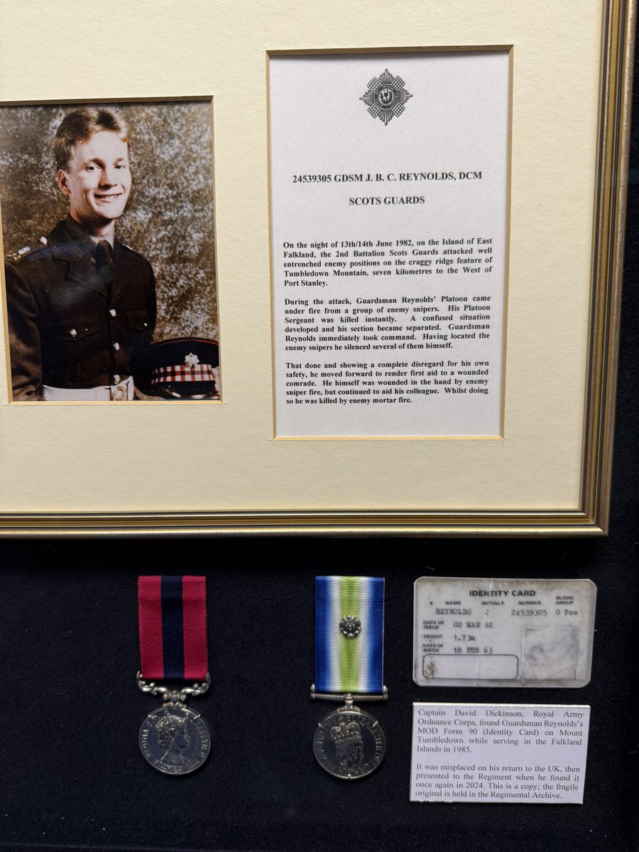 AlastairBruce_'s tweet image. Just met David Dickinson, who found Jim Reynolds’ ID Card on Tumbledown, close to where Jim was killed during #Falklands War, 1982.
It was added to his medals at Regimental HQ @scots_guards, today.
