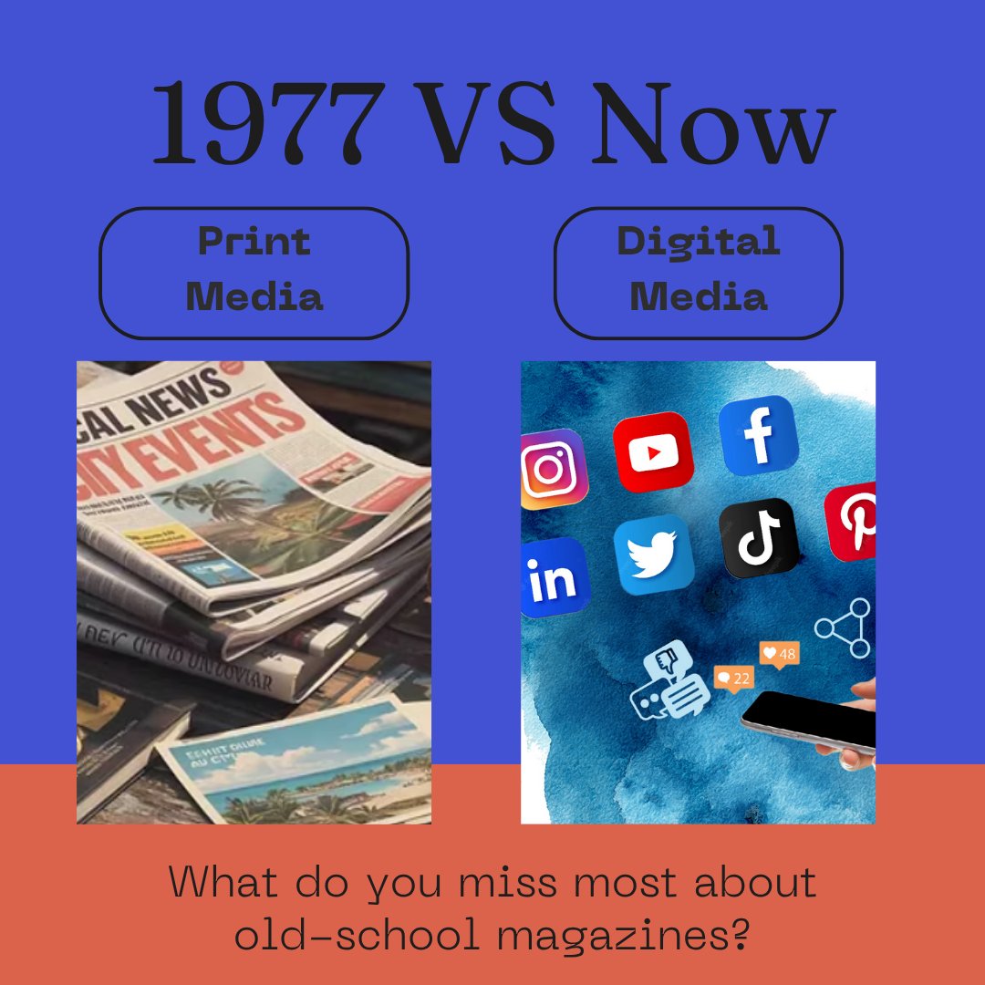 the77experience's tweet photo. 1977: Flip through a magazine.
2025: Swipe through 10 apps.
What do you miss most about old-school magazines? 📰📚
#TechFlashback #PrintVsDigital #NostalgiaPost https://t.co/uDQEVqBfTw