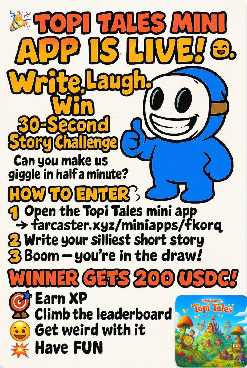 BasedTopi's tweet image. Gm frens! The Topi Tales mini app is LIVE on Farcaster
And we’re giving away 200 USDC to the funniest story.
👉 Fill in the blanks
👉 Hit submit
👉 You’re in the draw (also earning XP and climbing the leaderboard)
Start here: farcaster.xyz/miniapps/fkorq…
No wallet. No login. Just…