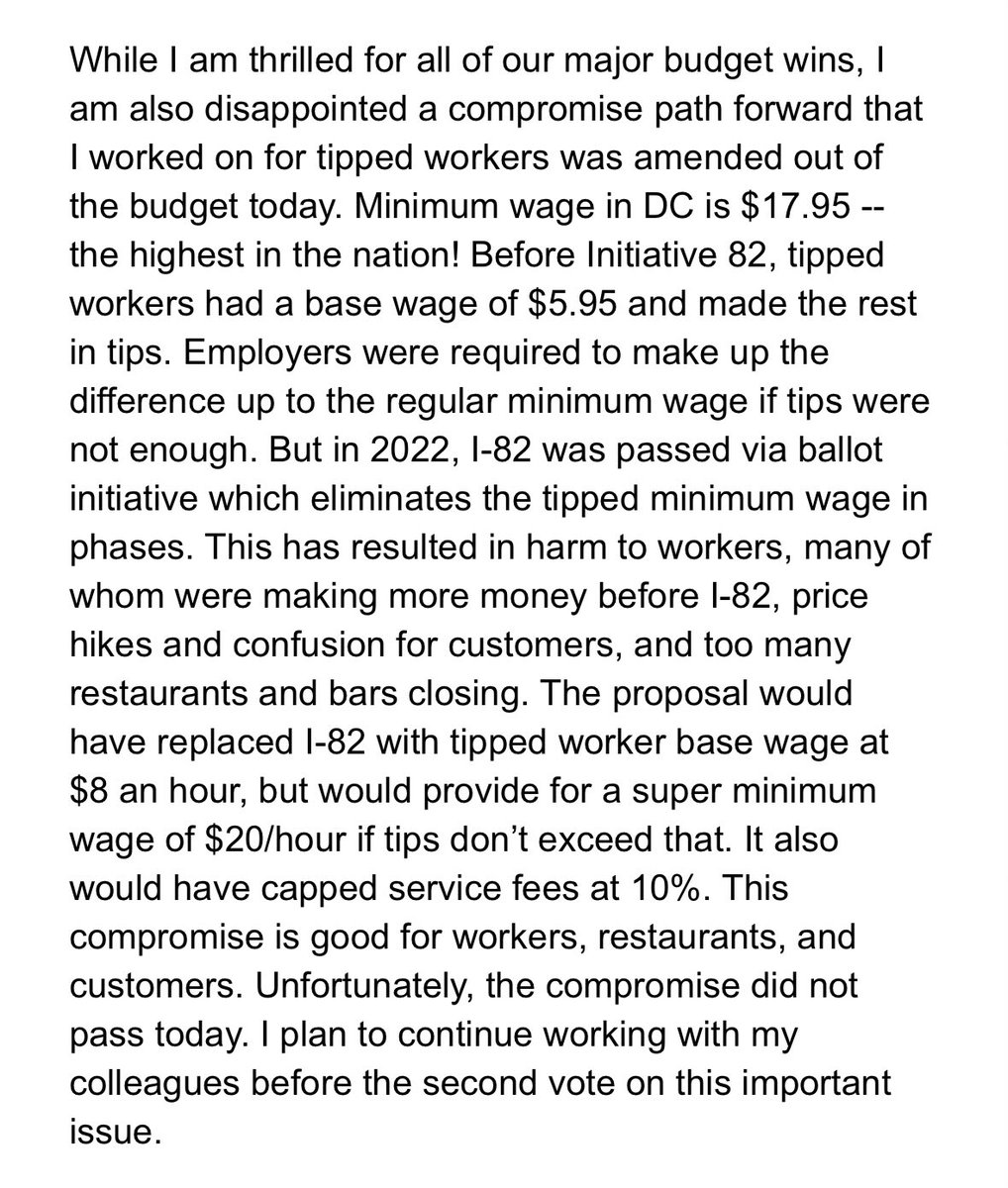 MarkLeeDC's tweet image. DC Council Mbr @CMBrookePinto statement on #Initiative82 following initial vote on FY26 Budget
>via ‘Brooke’s Briefing’ to constituents on “continuing to work on a compromise for tipped workers to address the impact of Initiative 82 to support workers, customers, and restaurants”