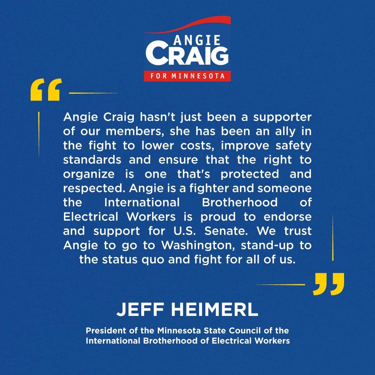 AngieCraigMN's tweet image. I’m incredibly honored to have earned the endorsement of the International Brotherhood of Electrical Workers. There is no middle class without labor unions. That's why I’m proud to have the support of 14 labor unions and counting.
We need a Senate that’s focused on the needs of…