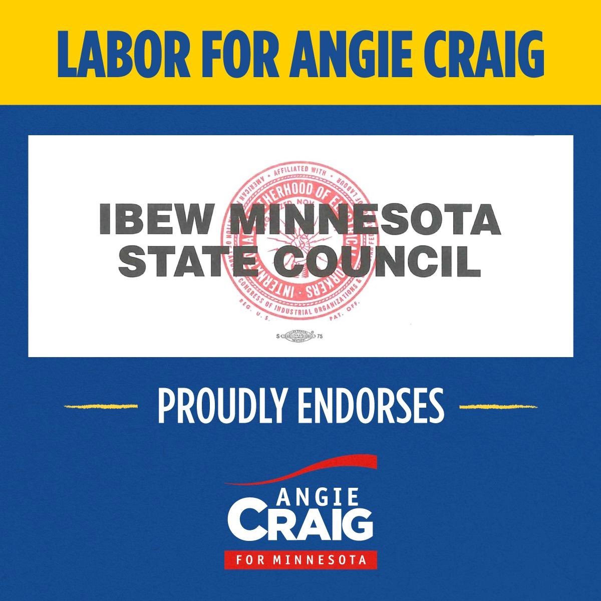 AngieCraigMN's tweet image. I’m incredibly honored to have earned the endorsement of the International Brotherhood of Electrical Workers. There is no middle class without labor unions. That's why I’m proud to have the support of 14 labor unions and counting.
We need a Senate that’s focused on the needs of…