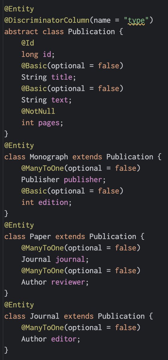 1ovthafew's tweet image. Hibernate 7.1 automatically generates 'check' constraints to enforce non-nullability in single-table inheritance mappings.