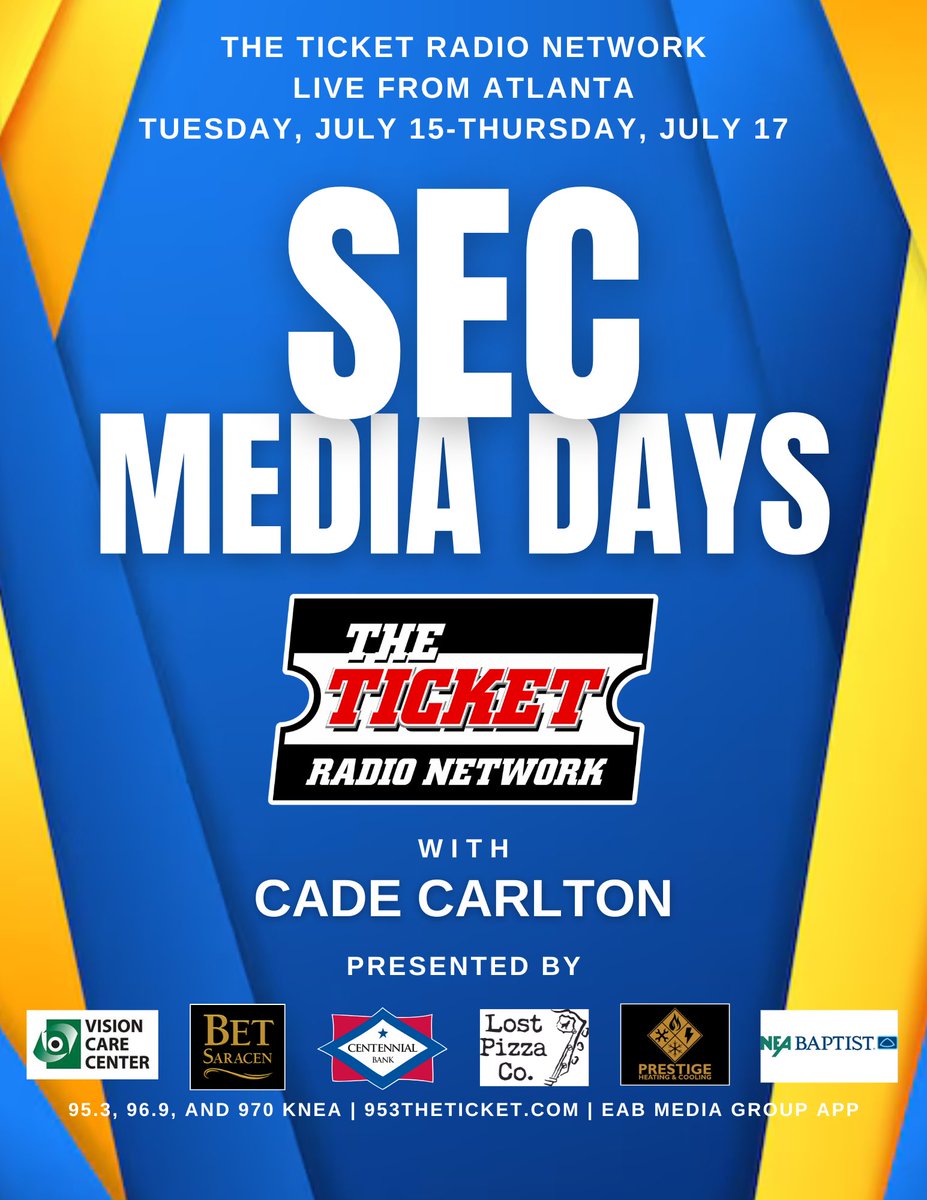 TheTicketRadio's tweet image. We’re live from SEC Media Days from the college football HOF this afternoon from 3-6 pm on The Ticket.
A big thanks to our sponsors Vison Care Center, Bet Saracen, Centennial Bank, Lost Pizza, Presitge Heating and Cooling and NEA Baptist.