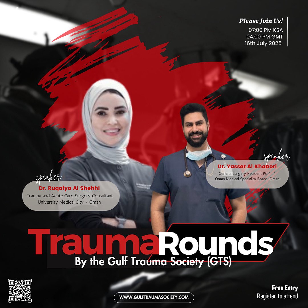 Get ready for the 17th Trauma Round of the Month by the Gulf Trauma Society (GTS). 
-
Register through the website:
gulftraumasociety.com
_
Virtual meeting: Zoom meeting.
Date: 16/07/2025.
Time: 
07:00 pm KSA Timing.
04:00 pm GMT Timing.
_
#Trauma_rounds
#gulf_trauma_society