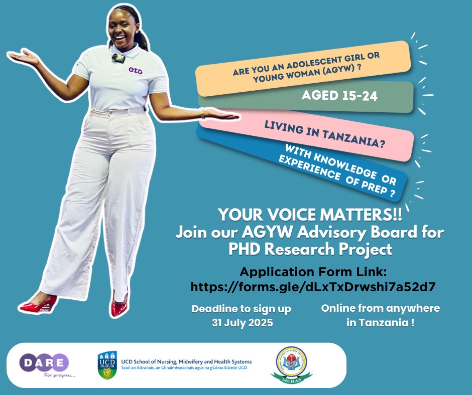 Dareforprogress's tweet image. Are you an AGYW (15–24) in 🇹🇿 with knowledge or experience of PrEP?
Join our Advisory Board for a PhD research project!
📝 Apply: forms.gle/dLxTxDrwshi7a5…
📅 Deadline: 31 July 2025
🌍 Online from anywhere in Tanzania!
@muhimbiliuniver