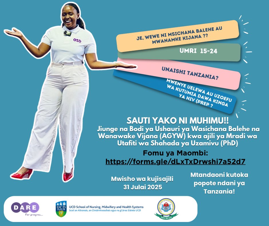Dareforprogress's tweet image. Are you an AGYW (15–24) in 🇹🇿 with knowledge or experience of PrEP?
Join our Advisory Board for a PhD research project!
📝 Apply: forms.gle/dLxTxDrwshi7a5…
📅 Deadline: 31 July 2025
🌍 Online from anywhere in Tanzania!
@muhimbiliuniver