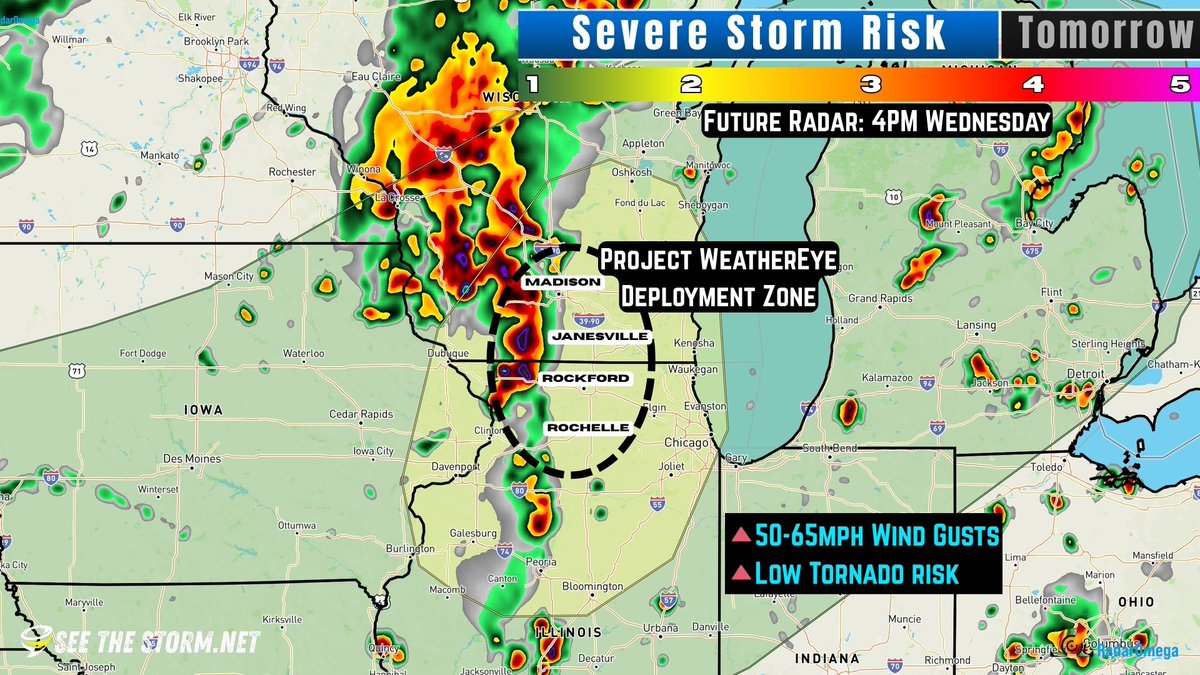 stsweathereye's tweet image. 🌩️Severe Storm Risk: Level 2 of 5
🧑🤝🧑13.8 MILLION PEOPLE in the Risk Zone
📍Wisconsin & Illinois
⏰Wednesday Afternoon & Evening
⚠️Wind Gust, Maybe Tornado
Project WeatherEye will be considering a potential small deployment in the Madison to Rochelle area along the interstate!…