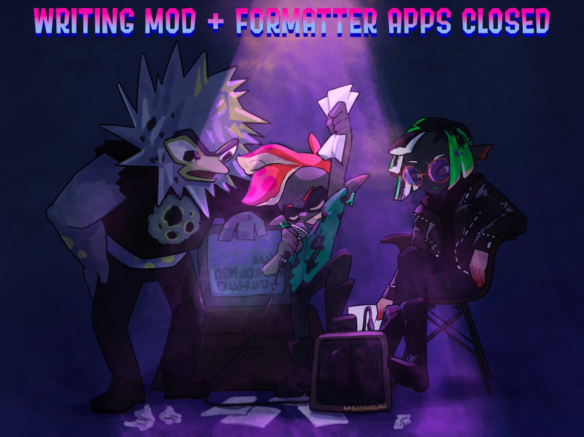 ⭐️Aaand that's game for our writing mod and formatter applications! If you applied to be either, stay alert to any emails you might receive later today! Get ready for our contributor apps later this month!

"Beika... are you even reading the lyrics...?"

#Splatoon #SplatoonZine