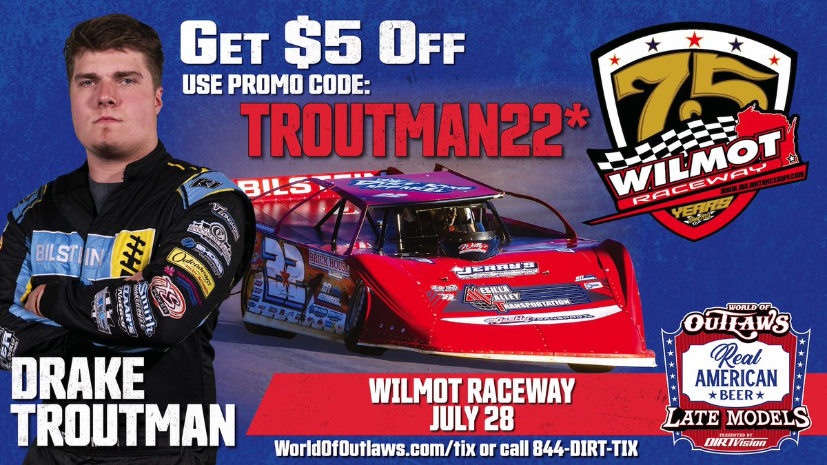 World of Outlaws Late Models (@woolatemodels) on Twitter photo .<a href="/RacingDrake/">Drake Troutman Racing</a> has already won once on a Monday night at Wilmot this year with <a href="/SummerNationals/">DIRTcar Summer Nationals</a>, can he do it again against the Outlaws?
Use code TROUTMAN22* to save $5 on advance tickets and be there to find out!
๐๏ธ bit.ly/WilmotTix .<a href="/RacingDrake/">Drake Troutman Racing</a> has already won once on a Monday night at Wilmot this year with <a href="/SummerNationals/">DIRTcar Summer Nationals</a>, can he do it again against the Outlaws?
Use code TROUTMAN22* to save $5 on advance tickets and be there to find out!
๐๏ธ bit.ly/WilmotTix