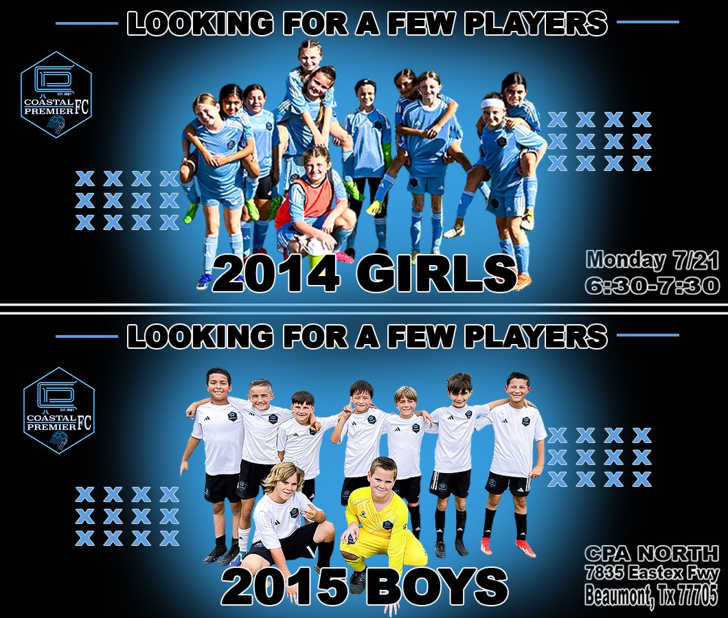 Looking to level up your play?! We are looking for a few players to complement our STXCL EC 2015 Boys &amp; our STXCL EC 2014 Girls teams💥

Call or Text:
Coach Jeremy Watson (Boys) 409.749.4655
Coach Darren Foust (Girls) 409.718.1826

ASAP for more information on our player
