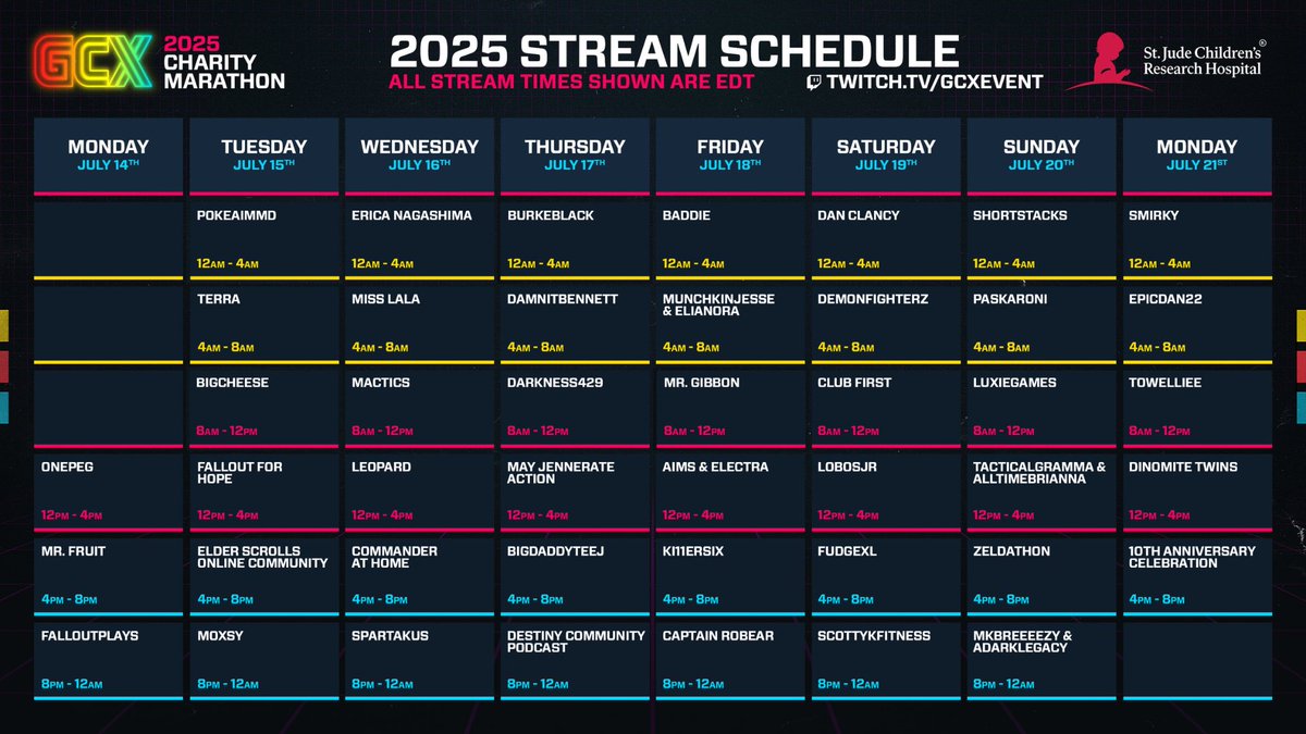 GCX (@gcxevent) on Twitter photo UPDATED: As the GCX Charity Marathon for <a href="/StJudePLAYLIVE/">St. Jude PLAY LIVE</a> rolls on, check out our updated schedule of creators on the stream over at twitch.tv/gcxevent. UPDATED: As the GCX Charity Marathon for <a href="/StJudePLAYLIVE/">St. Jude PLAY LIVE</a> rolls on, check out our updated schedule of creators on the stream over at twitch.tv/gcxevent.