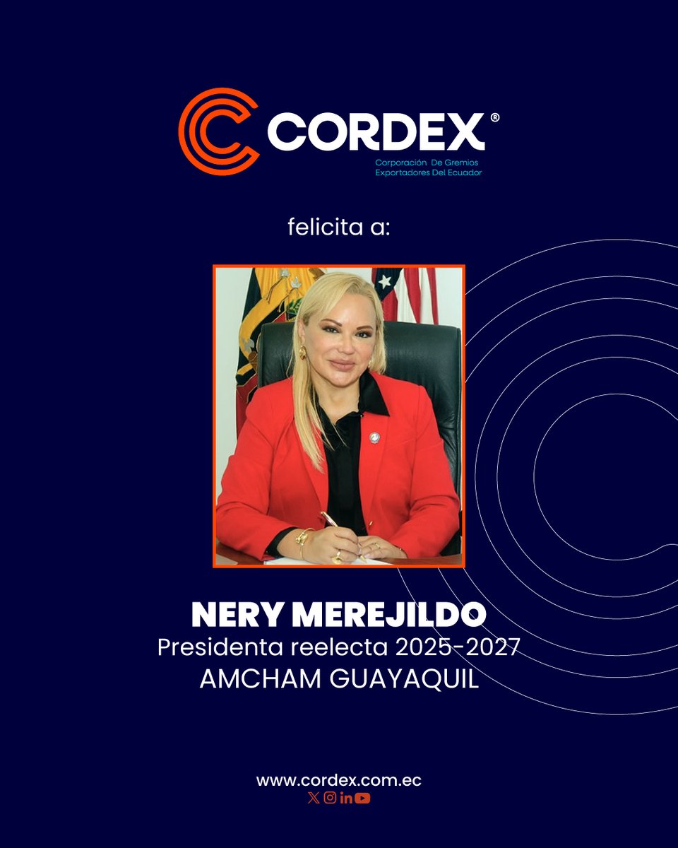 CORDEX_EC's tweet image. CORDEX felicita a Nery Merejildo por su reelección como Presidenta de @amchamgye. ¡Éxitos en su gestión!