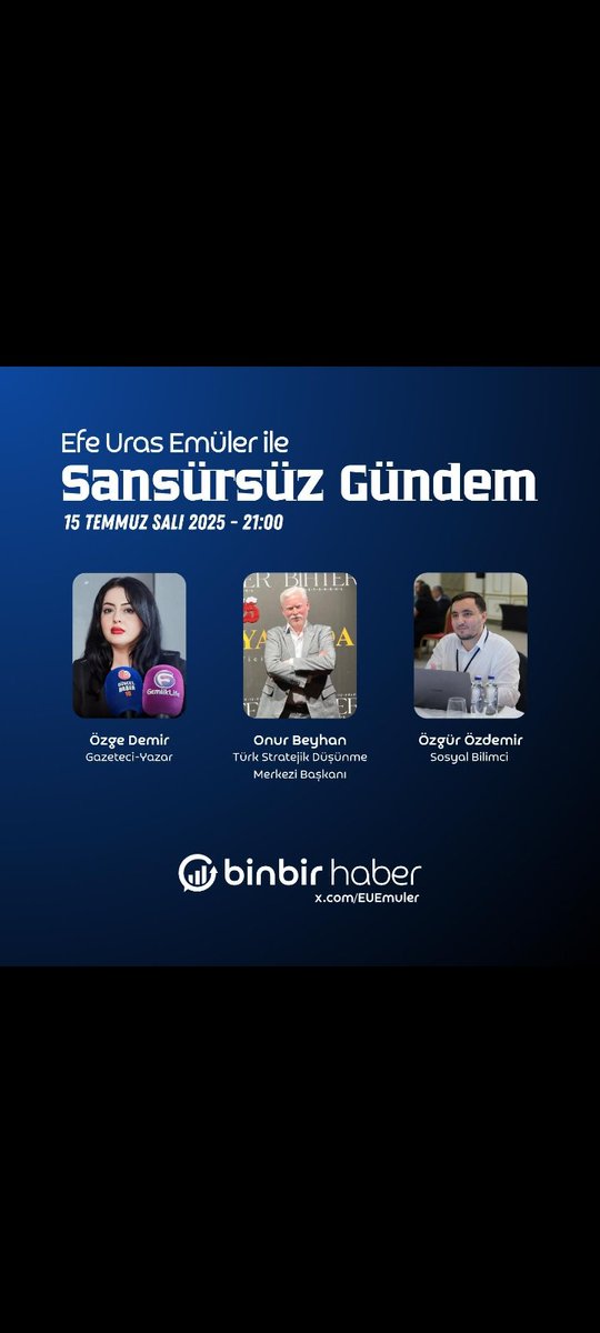 Genç Siyasetçi <a href="/EUEmuler/">Efe EMÜLER</a>'in moderatörlüğünü yaptığı ""SANSÜRSÜZ GÜNDEM"" programına bugün biz de konuğuz.
Uygun olan takipçilerimizi, dostlarımızı bekleriz