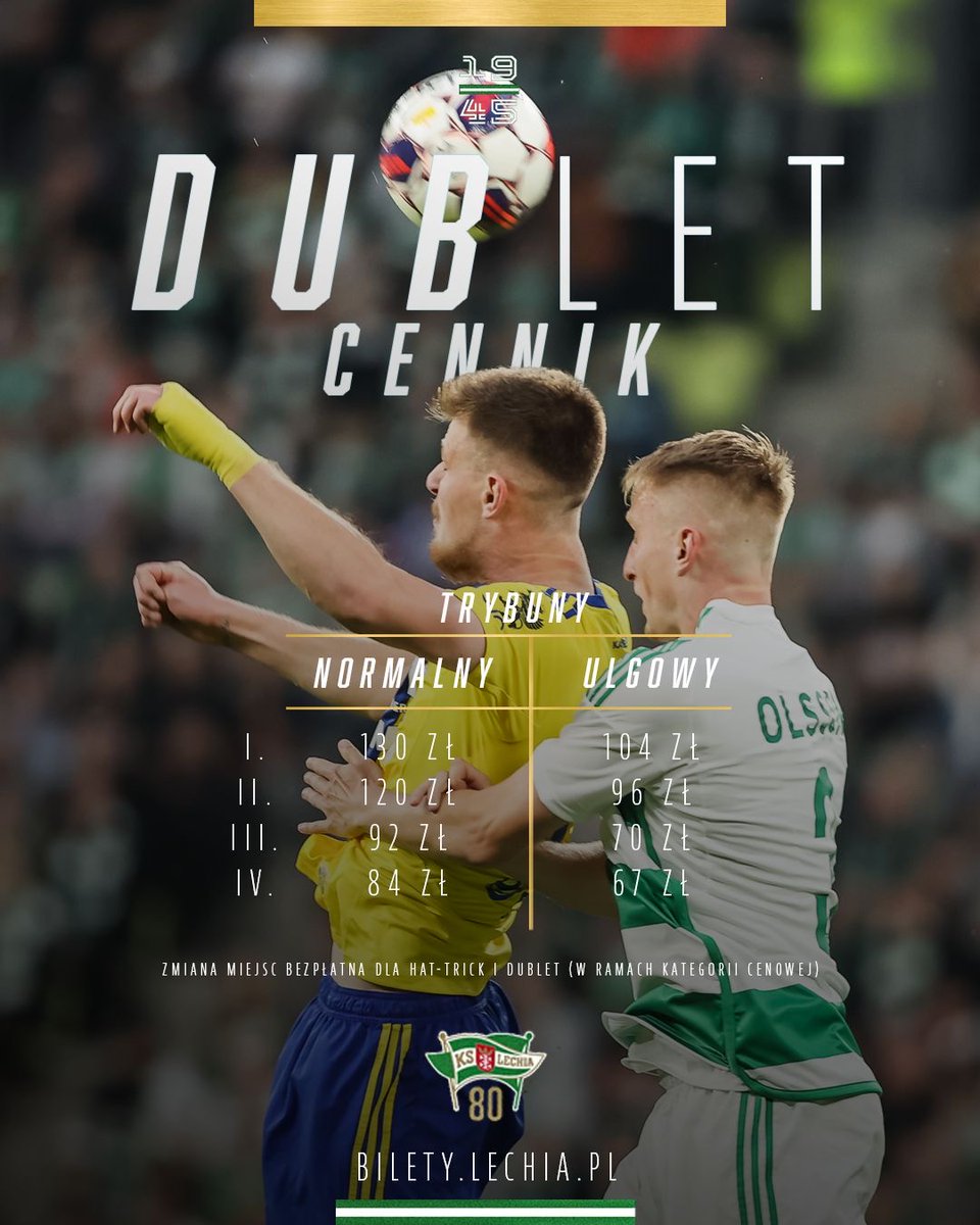 𝐃𝐮𝐛𝐥𝐞𝐭 to idealne rozwiązanie, które zapewni Ci udział w Derbach Trójmiasta ⚪️🟢

👉 BILETY.LECHIA.PL

*Termin Derbów Trójmiasta nie jest potwierdzony