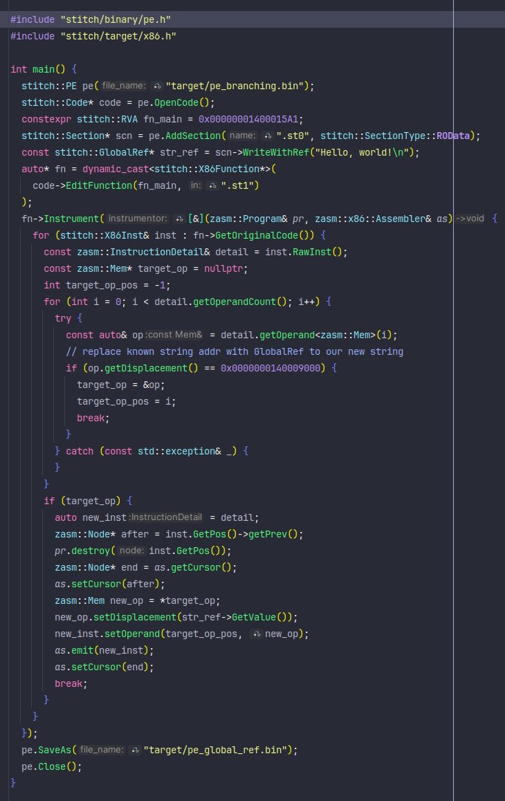 spygrum's tweet image. You can use stitch&apos;s GlobalRefs to write arbitrary data to sections and reference them in the same or later sections - github.com/badhive/stitch. Here&apos;s some code replacing a known string with a GlobalRef to my own:
