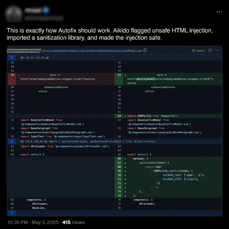 AikidoSecurity's tweet photo. From detection to fix, Aikido handles unsafe HTML injections inside your IDE.