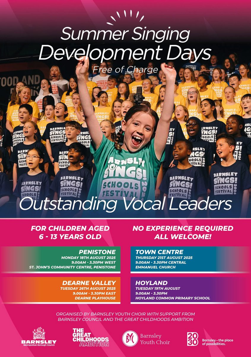 Barnsley Youth Choir (@barnsleychoir) on Twitter photo FREE summer singing days, funded by <a href="/BarnsleyCouncil/">Barnsley Council</a> Great Childhoods Ambition.
4 days available. No experience necessary & everyone welcome! Limited places. Apply here docs.google.com/forms/d/e/1FAI… FREE summer singing days, funded by <a href="/BarnsleyCouncil/">Barnsley Council</a> Great Childhoods Ambition.
4 days available. No experience necessary & everyone welcome! Limited places. Apply here docs.google.com/forms/d/e/1FAI…