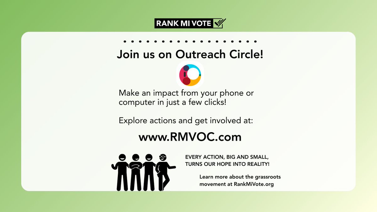 RankMIVote's tweet image. There are so many ways to help our petition! Every action, big and small, makes a difference. Find us on Outreach Circle's app and website at RMVOC.COM. You can explore different actions and share why Ranked Choice Voting is right for everyone!#VoteYourHopes…