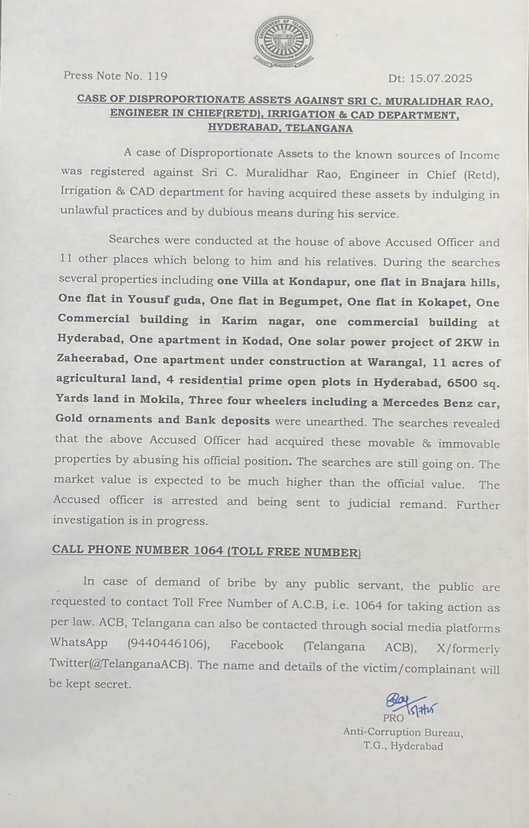 #Telangana #ACB arrested retired Engineer Muralidhar Rao for disproportionate assets. Seized properties include villa, flats in #BanjaraHills, #Yousufguda, #Begumpet,  #Kokapet, commercial buildings, agri land,  solar power proj, 3 cars including #MercedesBenz, etc #Hyderabad