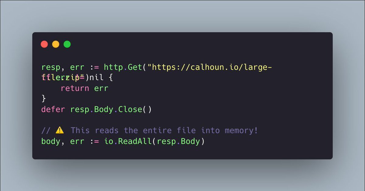 Be careful when reading HTTP request bodies with io.ReadAll. It is quick and easy, but if you are working with a large file it will be all be loaded into memory. Instead, consider reading chunks of the file, or streaming with a function like io.Copy. #golang