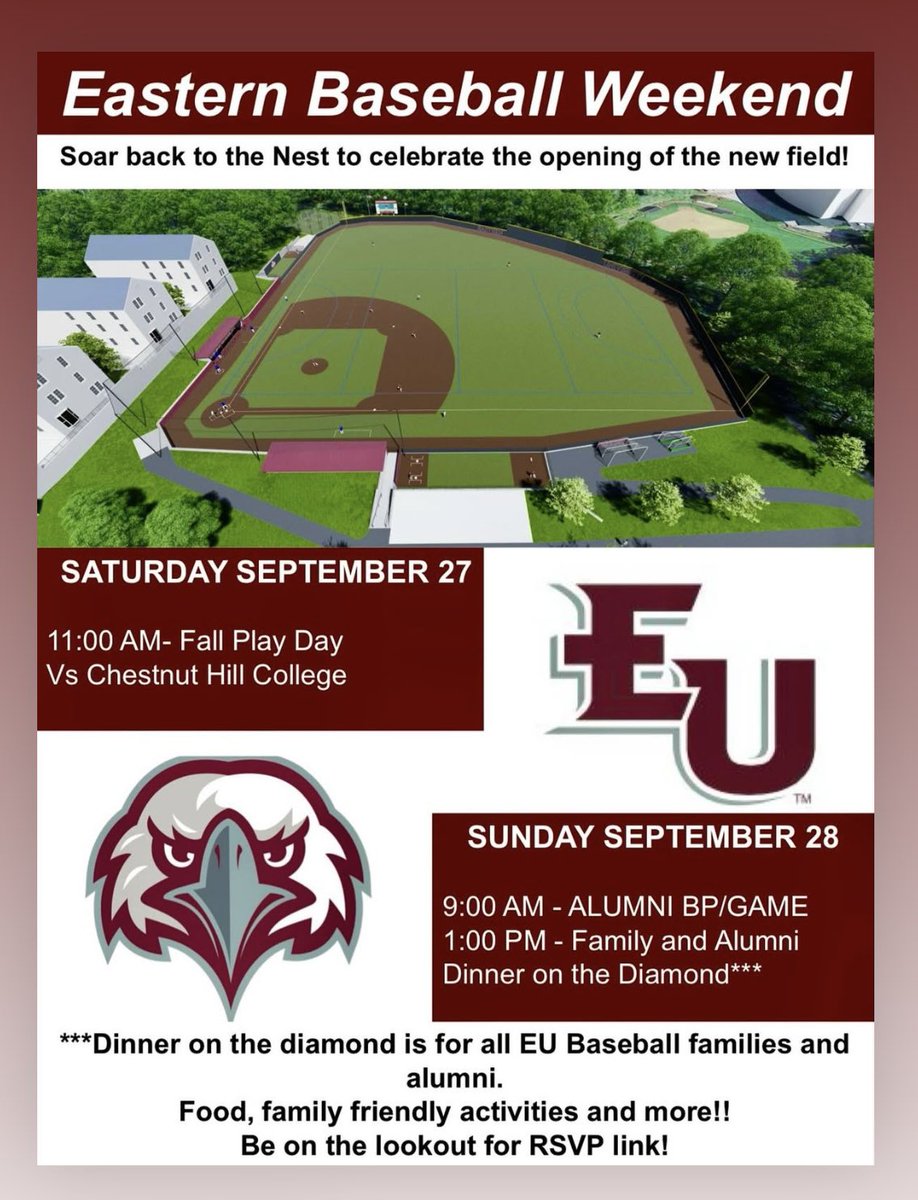 SOAR BACK TO THE NEST! Families &amp; Alumni will have a full weekend of baseball &amp; fun at our new facility! We hope to see you in September!!! 

Register Here:

docs.google.com/forms/d/e/1FAI…

#FlyWithUs🦅
