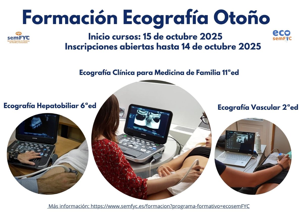 EcosemFYC (@ecosemfyc) on Twitter photo 📢🥳¡Inscripciones abiertas! 🩺
Ecografía por y para Médicos de Familia🚀
✅Ecografía Vascular: bit.ly/EcoVasc2ed
✅Ecografía Hepatobiliar: bit.ly/hepatobiliar6ed
✅El Curso Completo de Ecografía para Médicos de Familia (¡nuestra 11ª edición!): bit.ly/EcosemFYC25 📢🥳¡Inscripciones abiertas! 🩺
Ecografía por y para Médicos de Familia🚀
✅Ecografía Vascular: bit.ly/EcoVasc2ed
✅Ecografía Hepatobiliar: bit.ly/hepatobiliar6ed
✅El Curso Completo de Ecografía para Médicos de Familia (¡nuestra 11ª edición!): bit.ly/EcosemFYC25