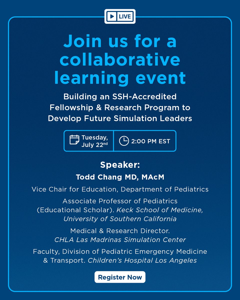 🚨 Join us July 22 @ 2 PM EDT for a collaborative learning webinar w/ Dr. Todd Chang (CHLA &amp; Keck School of Medicine of USC)! Learn insights on building SSIH-aligned sim fellowships &amp; research programs.  🧠💬
Register now 👉 gaumard.zoom.us/webinar/regist…

#Healthcare #Nursing #MedEd