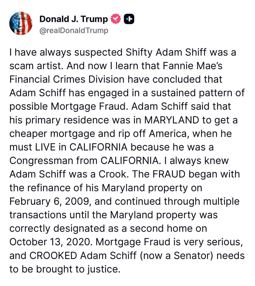 HOLY SHLIT

“Fannie Mae’s Financial Crimes Division have concluded that Adam Schiff engaged in a sustained pattern of possible mortgage fraud”