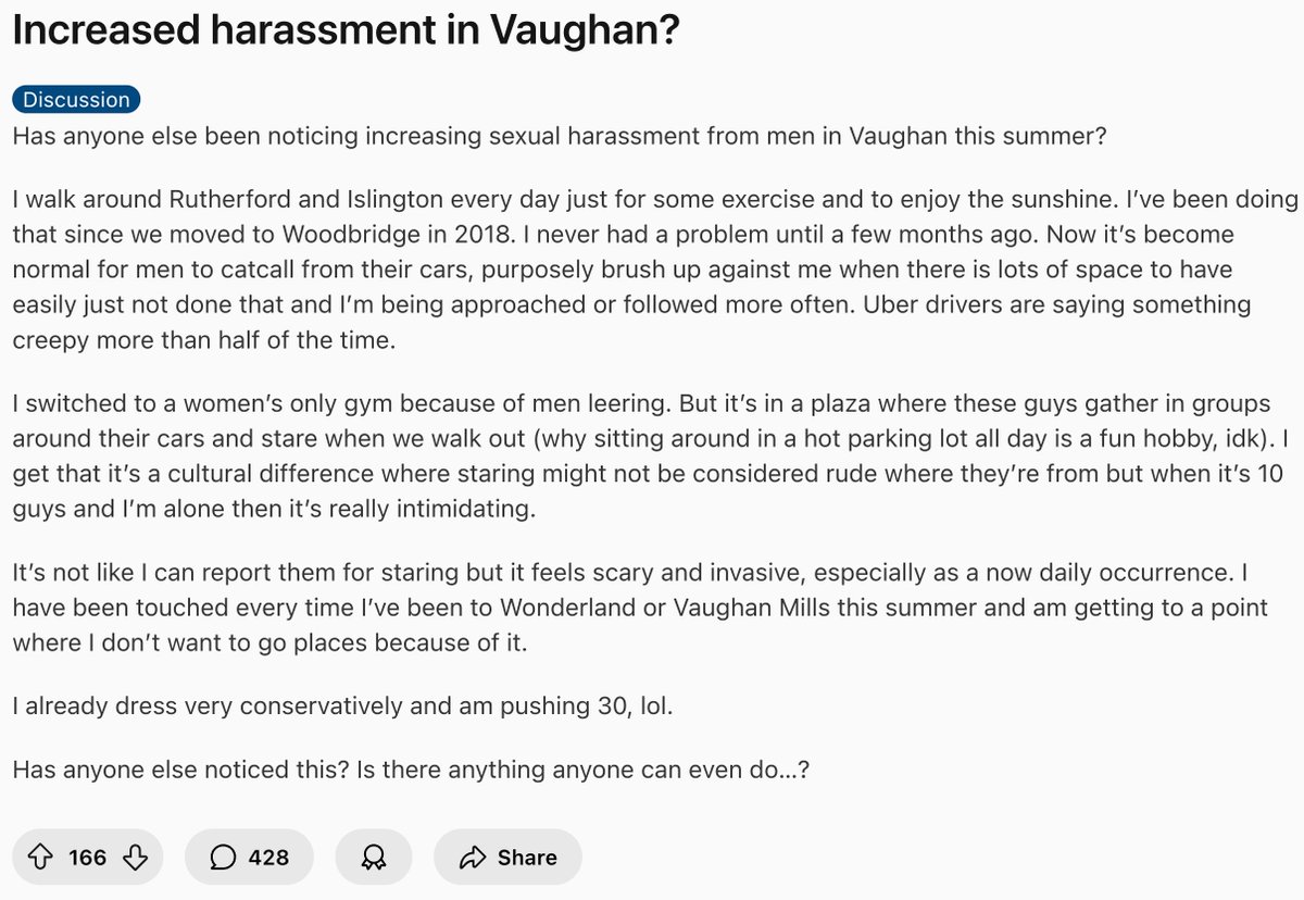 On Canadian city subreddits, women are reporting increasing harassment from foreign men:

"I get that it's a cultural difference where staring might not be considered rude where they're from but when it's 10 guys and I'm alone then it's really intimidating"
