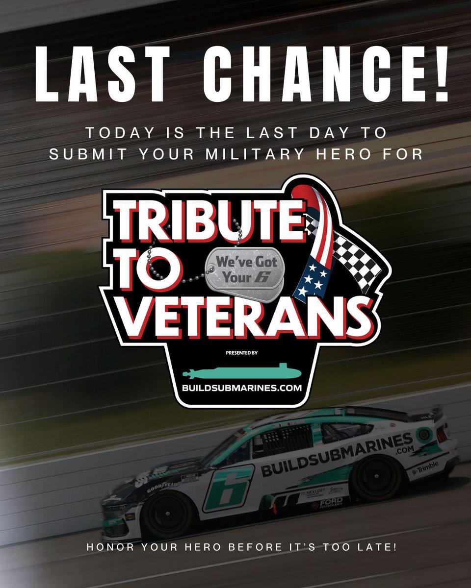 BKCFF's tweet image. Today's the last day to add your military hero's name to @keselowski's 2025 Tribute to Veterans car! Honor the veteran in your life before it's too late 🇺🇸
Submit here: checkeredflagfoundation.org/store/p134/tri…
